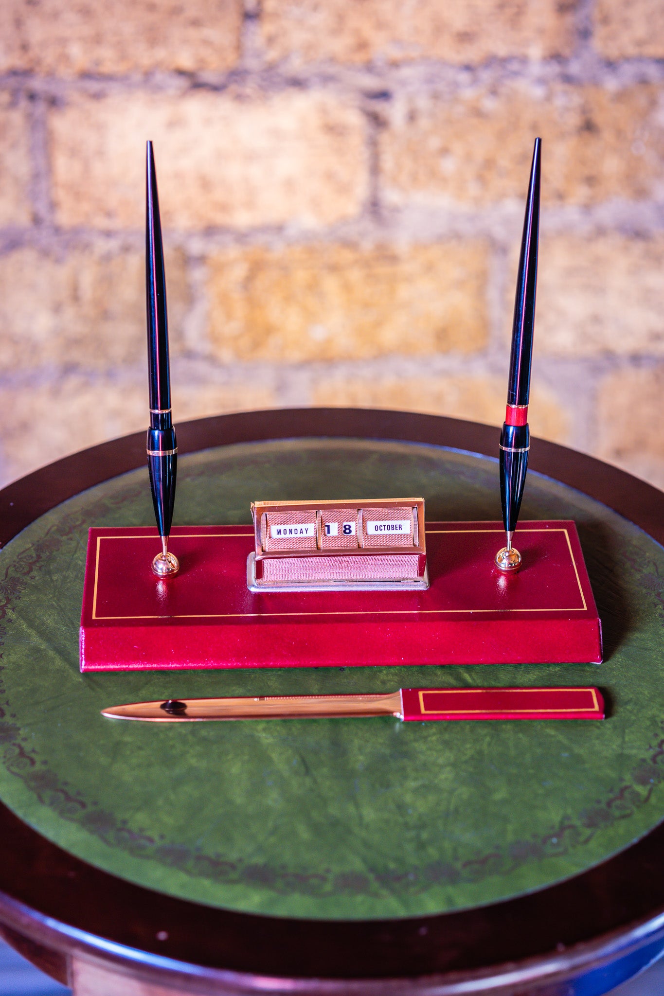 Fred Rees Vintage Leather Perpetual Calendar Set – Burgundy Red Leather Base with Gold-Tone Accents