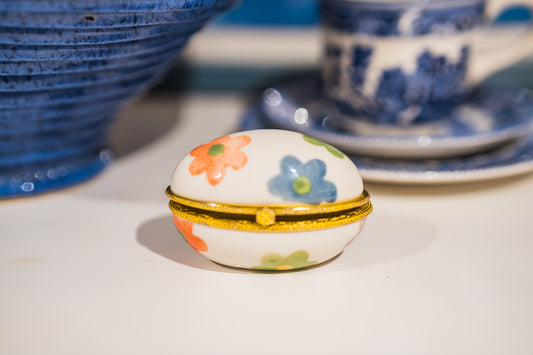 Vintage Porcelain Egg Shaped Flower Trinket Box