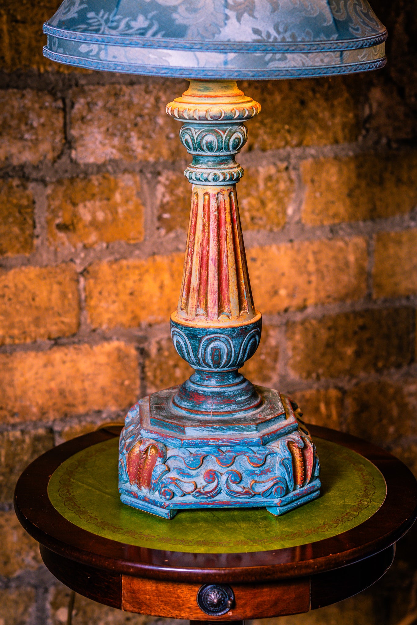 Large Vintage Wooden Lamp in Turquoise Colours