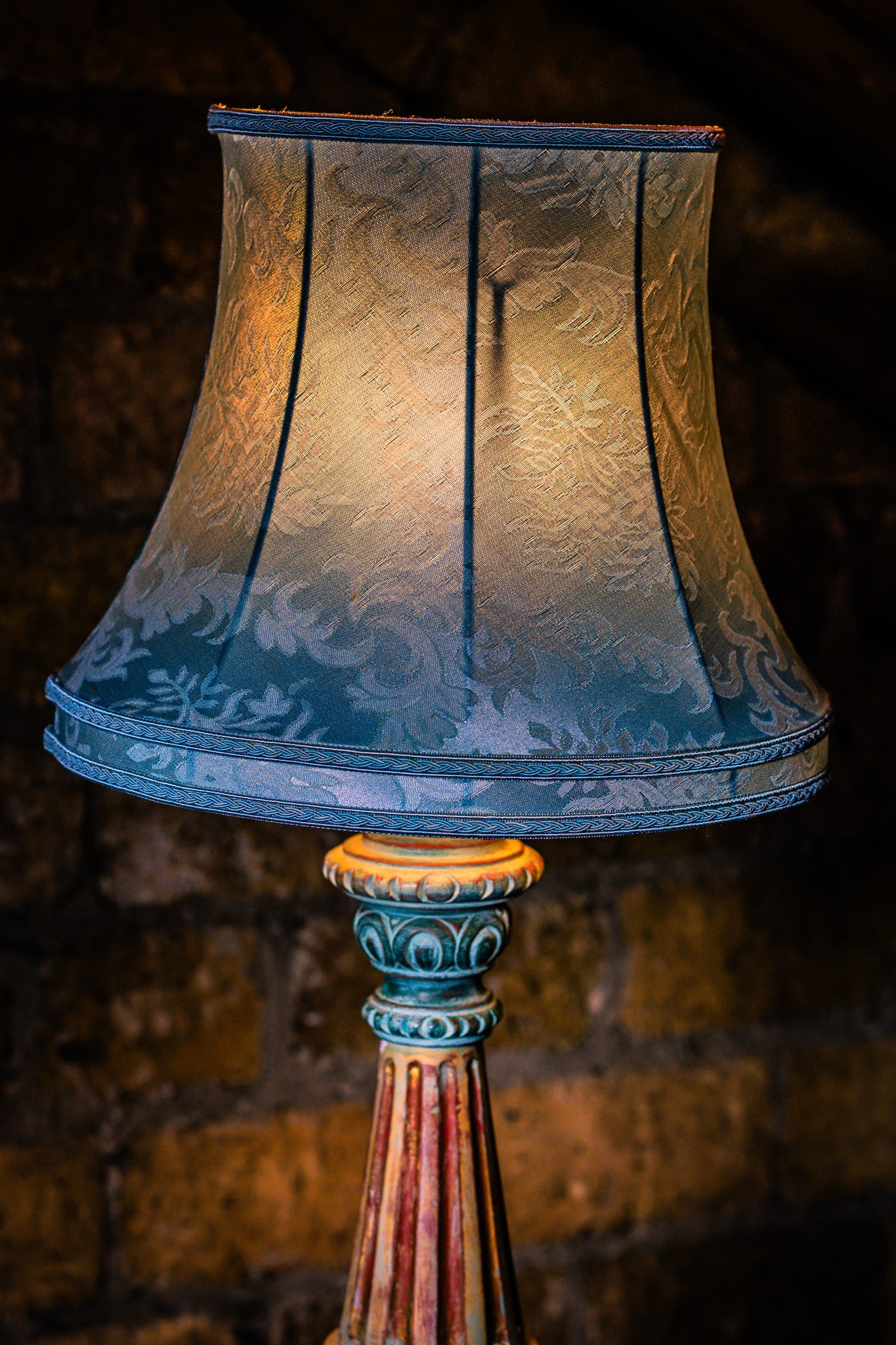 Large Vintage Wooden Lamp in Turquoise Colours