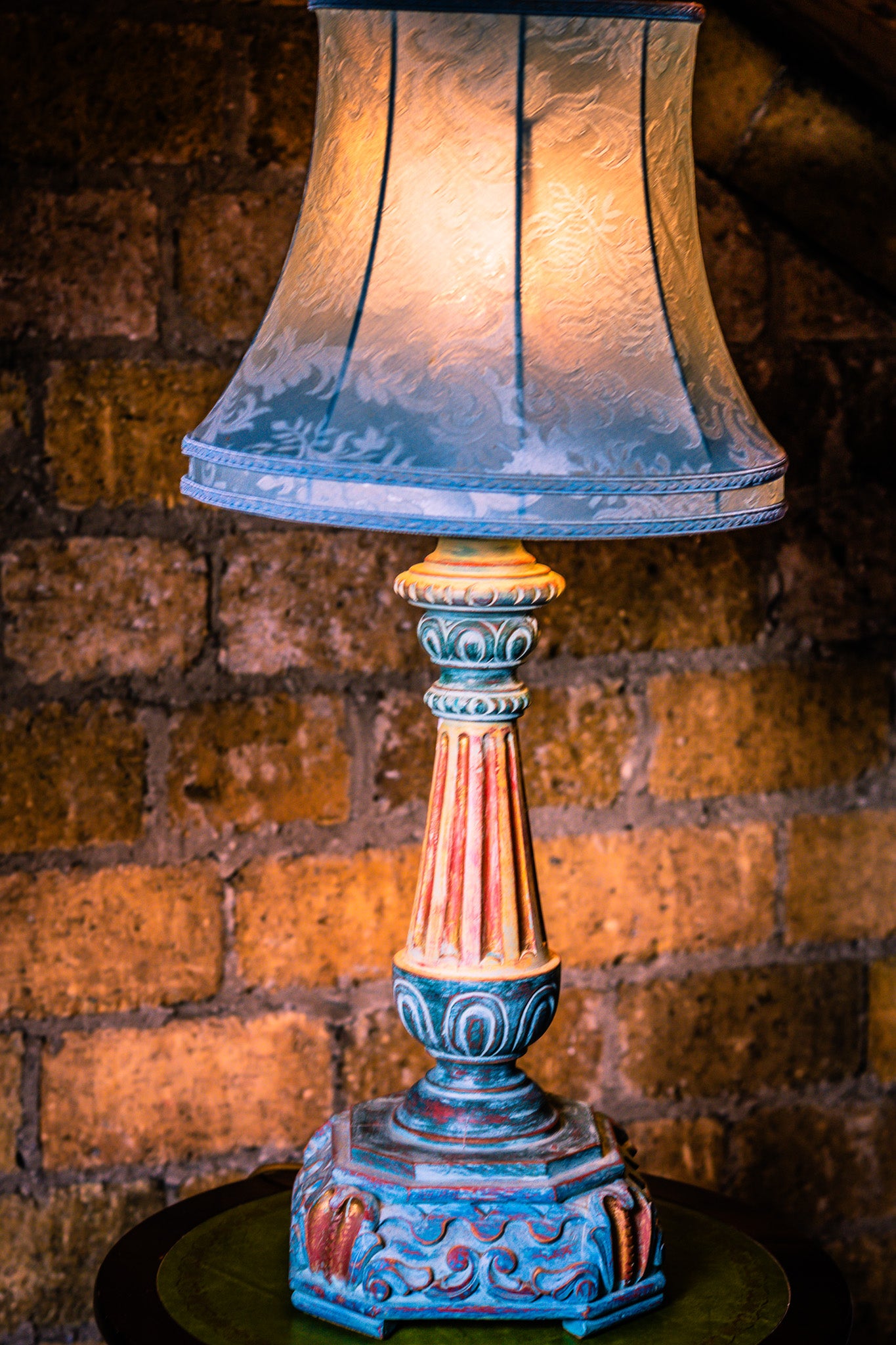 Large Vintage Wooden Lamp in Turquoise Colours