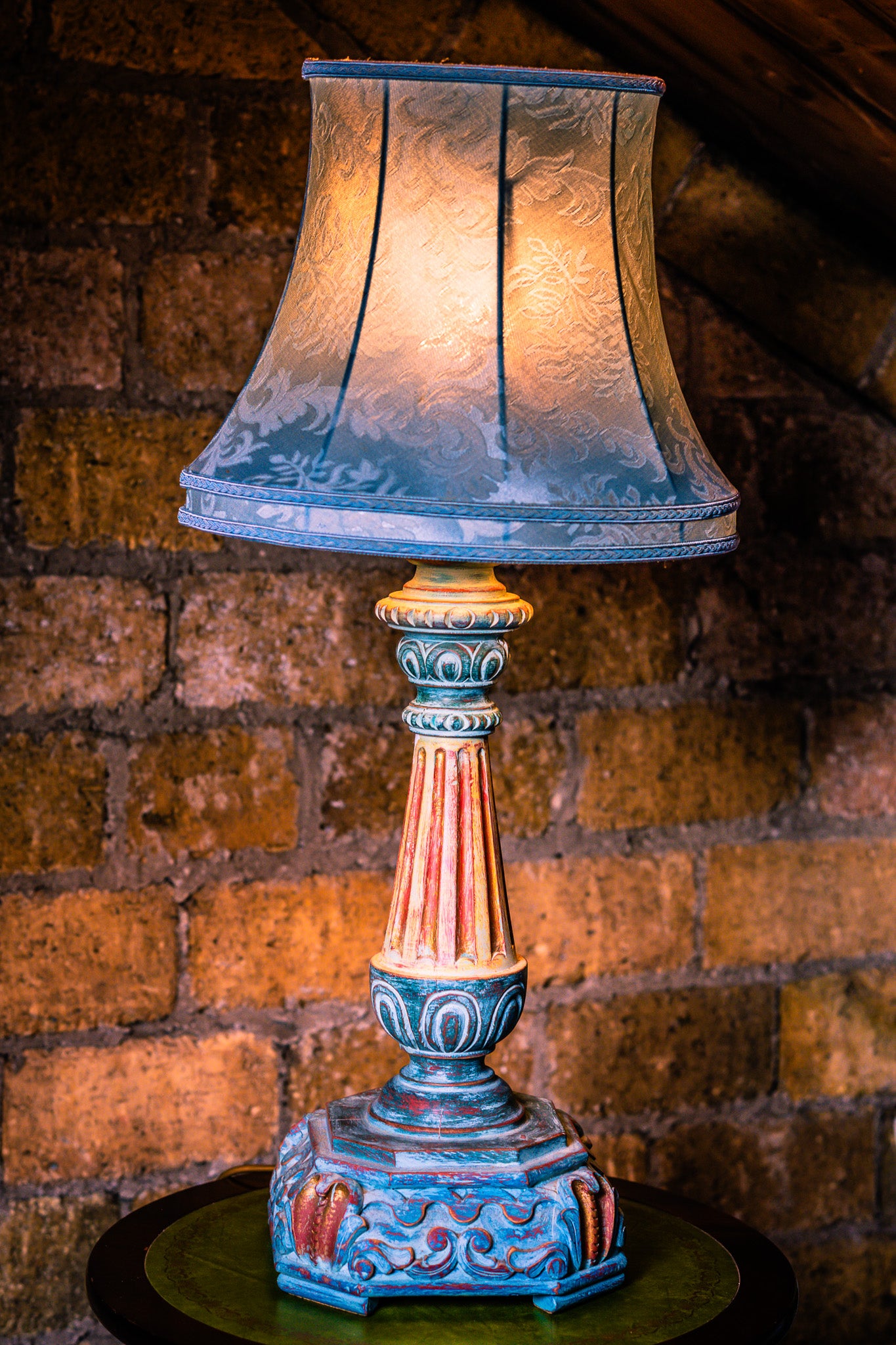 Large Vintage Wooden Lamp in Turquoise Colours