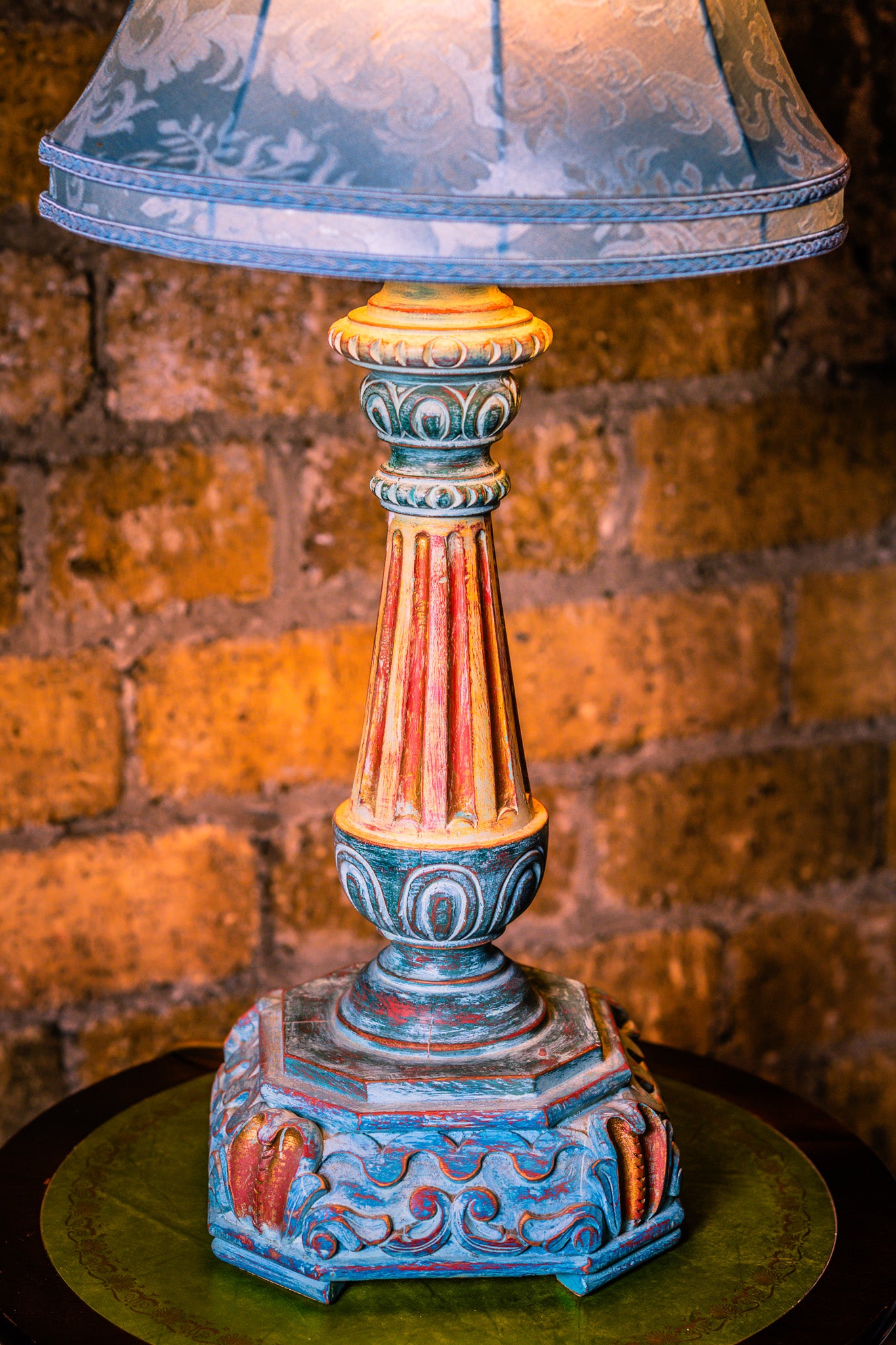 Large Vintage Wooden Lamp in Turquoise Colours