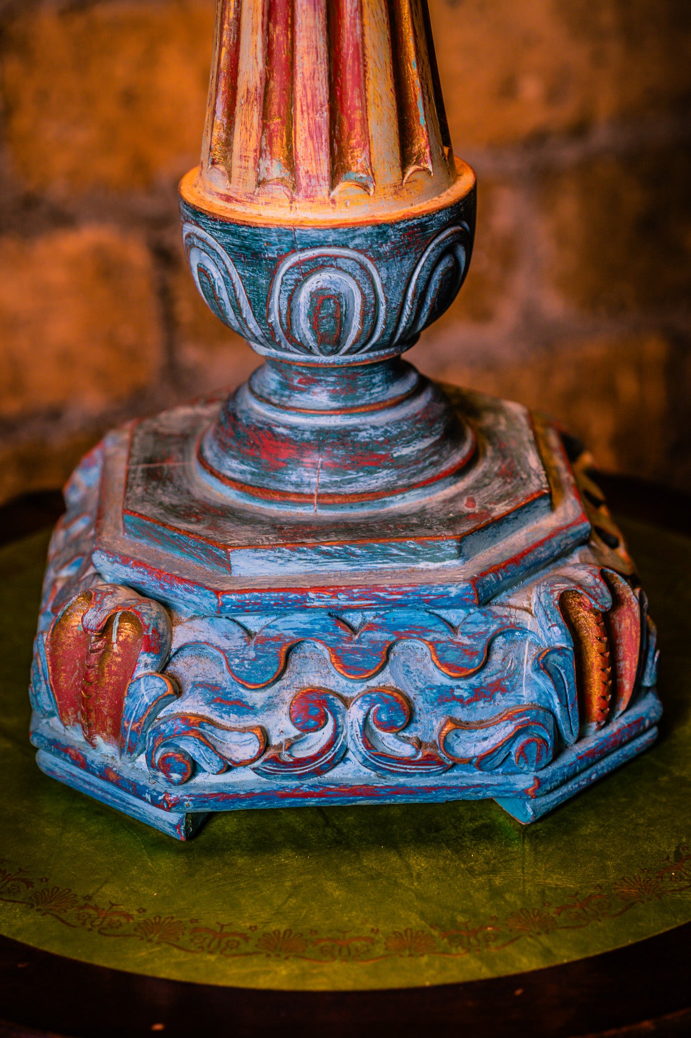 Large Vintage Wooden Lamp in Turquoise Colours