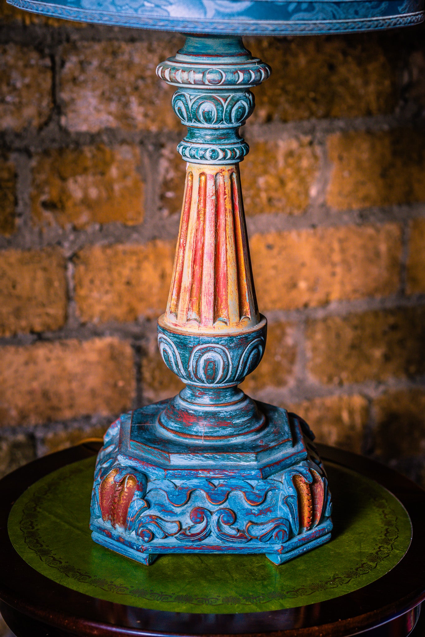 Large Vintage Wooden Lamp in Turquoise Colours