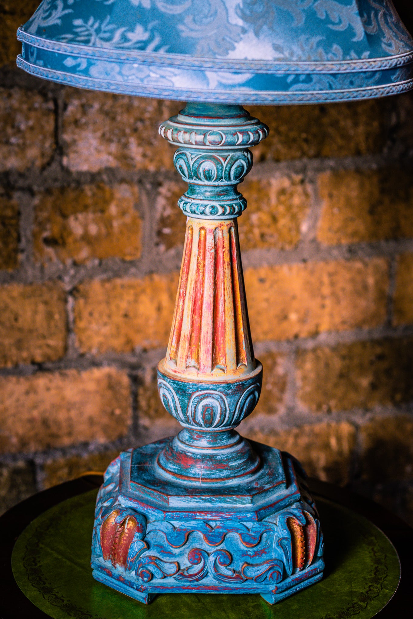 Large Vintage Wooden Lamp in Turquoise Colours