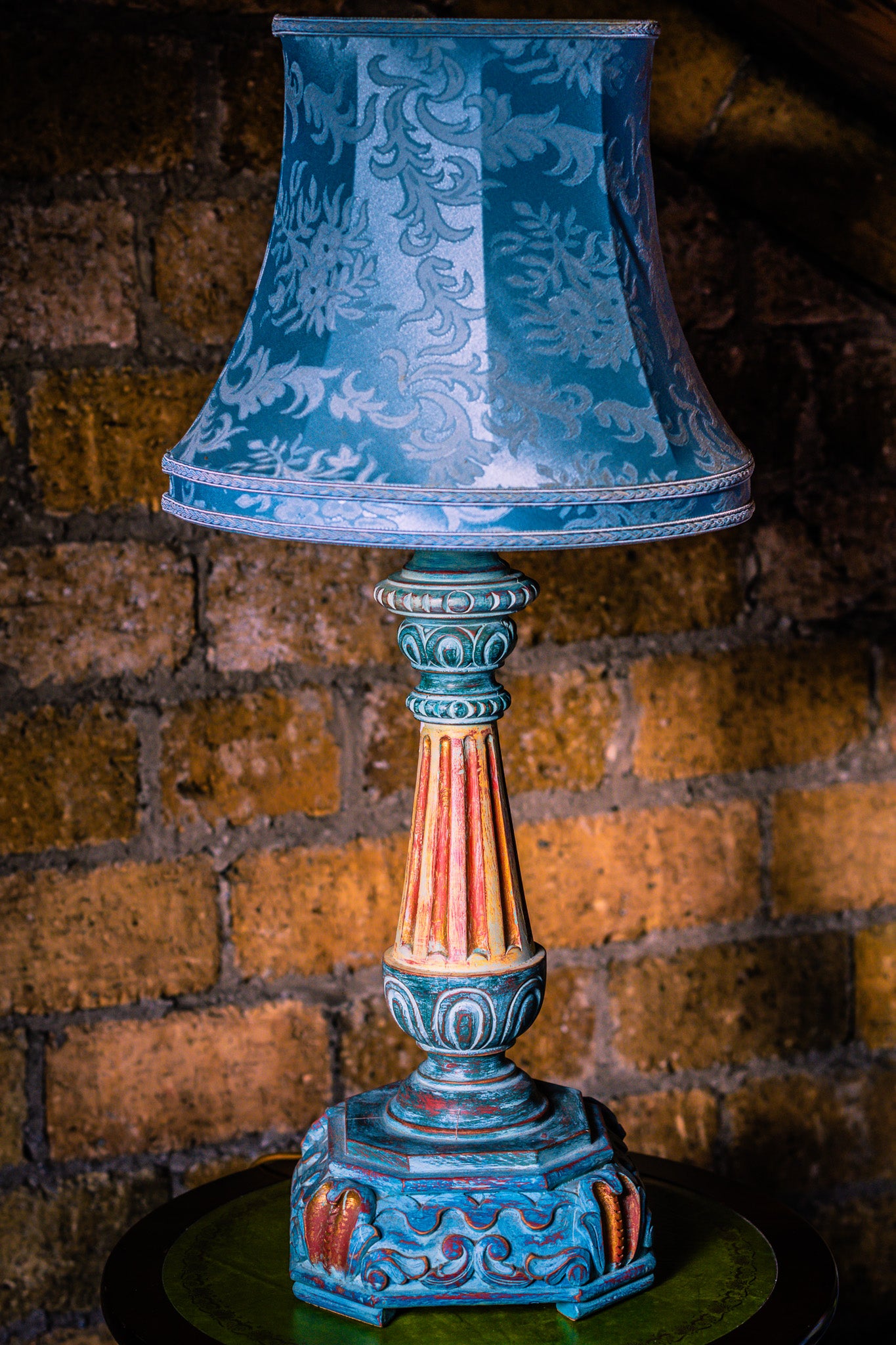 Large Vintage Wooden Lamp in Turquoise Colours