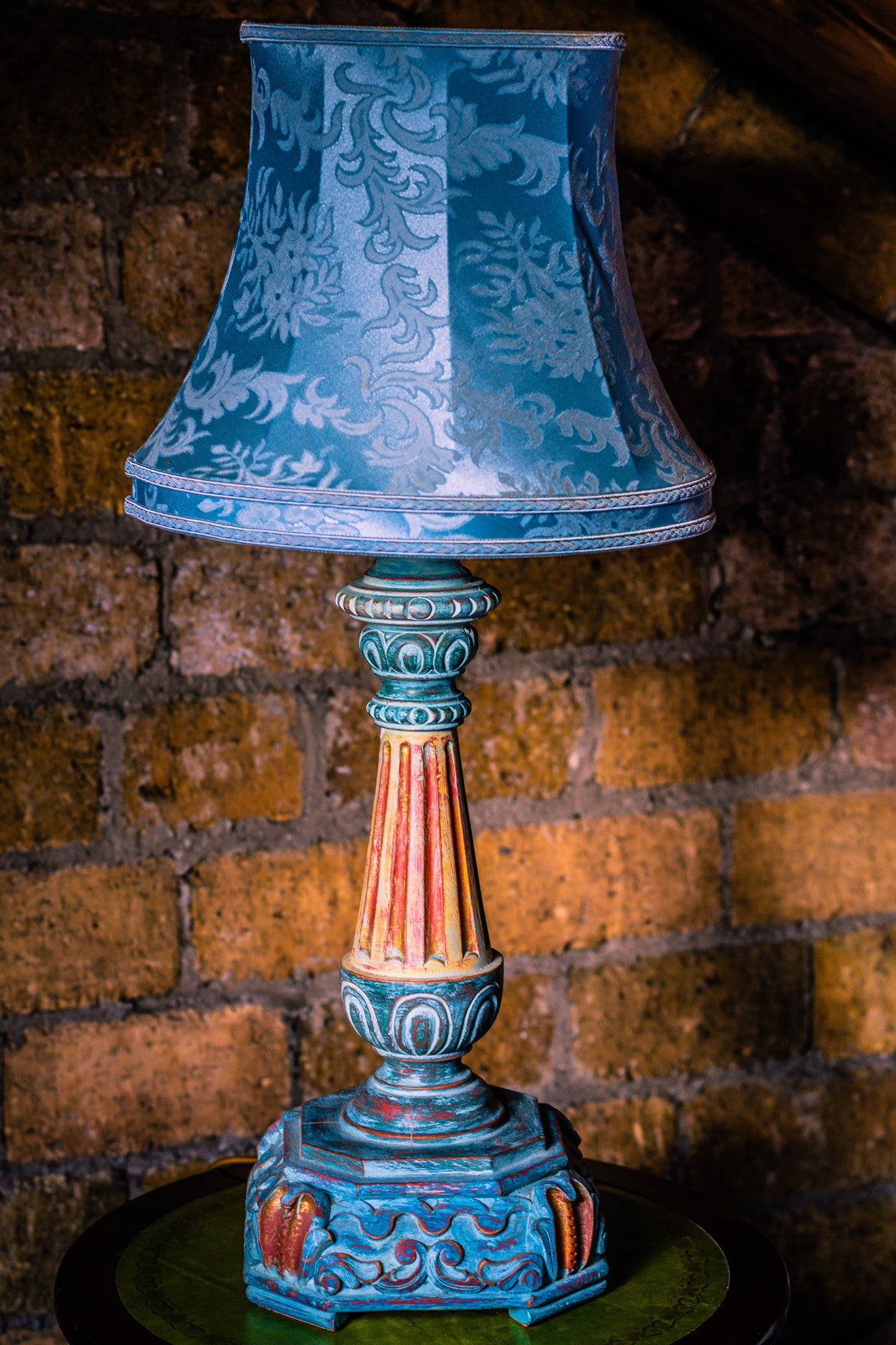 Large Vintage Wooden Lamp in Turquoise Colours