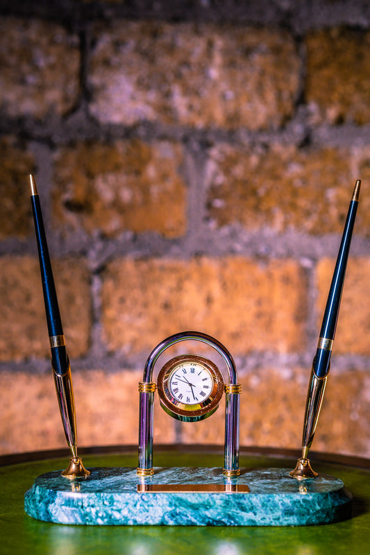 Vintage Clock Desk Set with Two Pens on a Green Marble Base