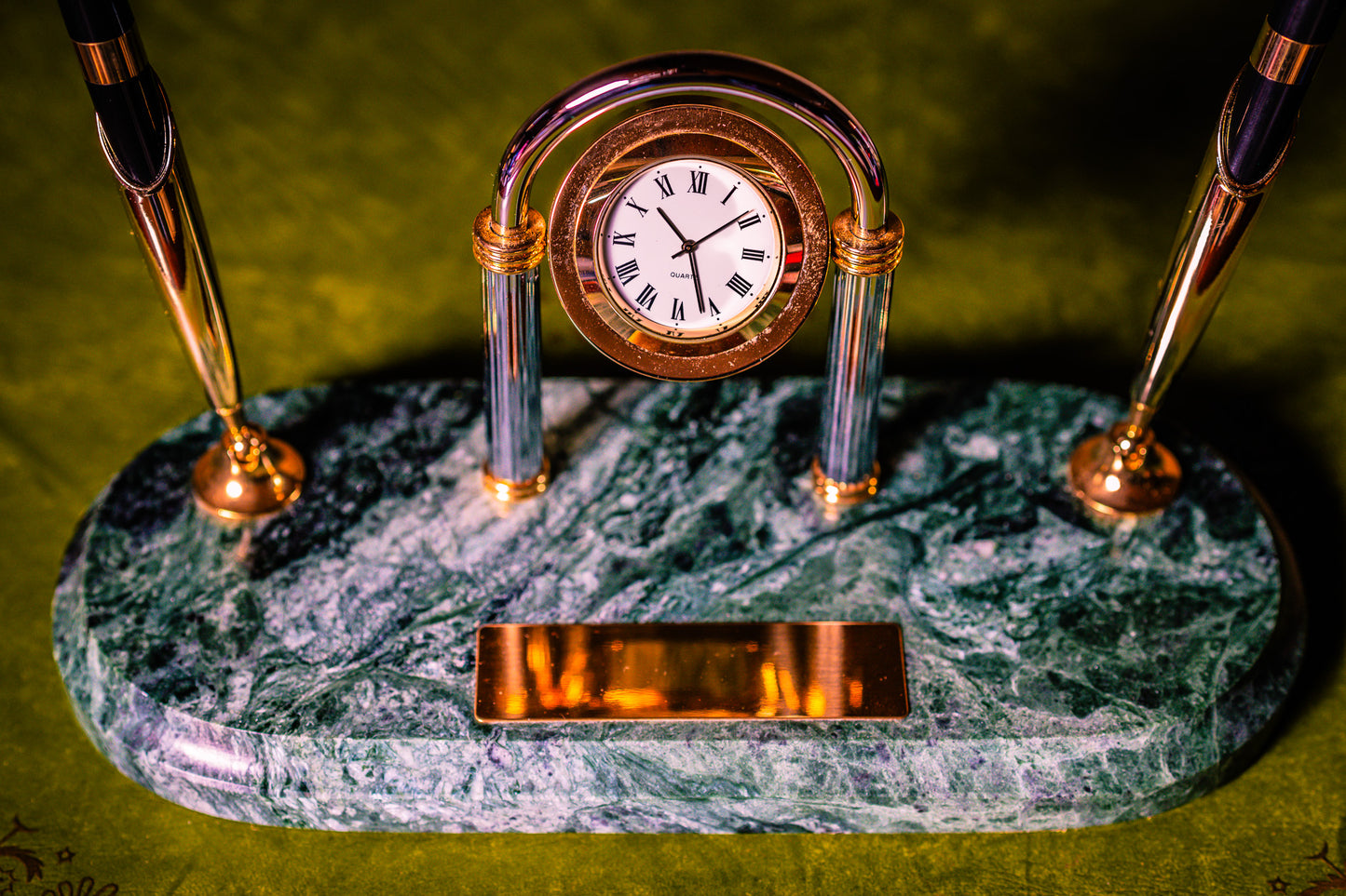 Vintage Clock Desk Set with Two Pens on a Green Marble Base