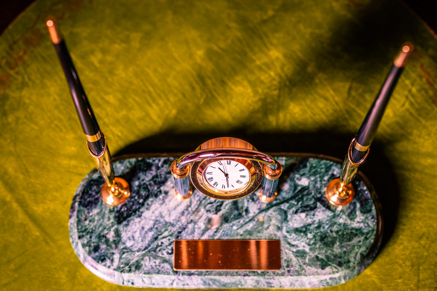 Vintage Clock Desk Set with Two Pens on a Green Marble Base