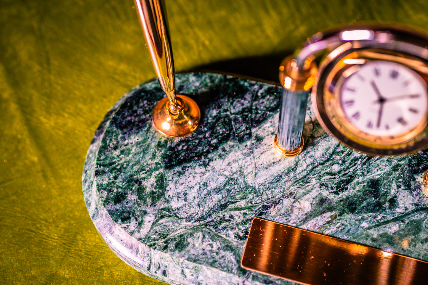 Vintage Clock Desk Set with Two Pens on a Green Marble Base