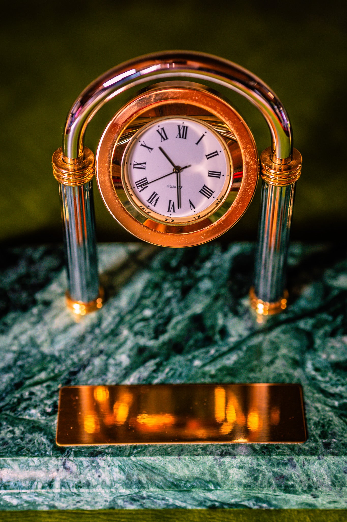 Vintage Clock Desk Set with Two Pens on a Green Marble Base