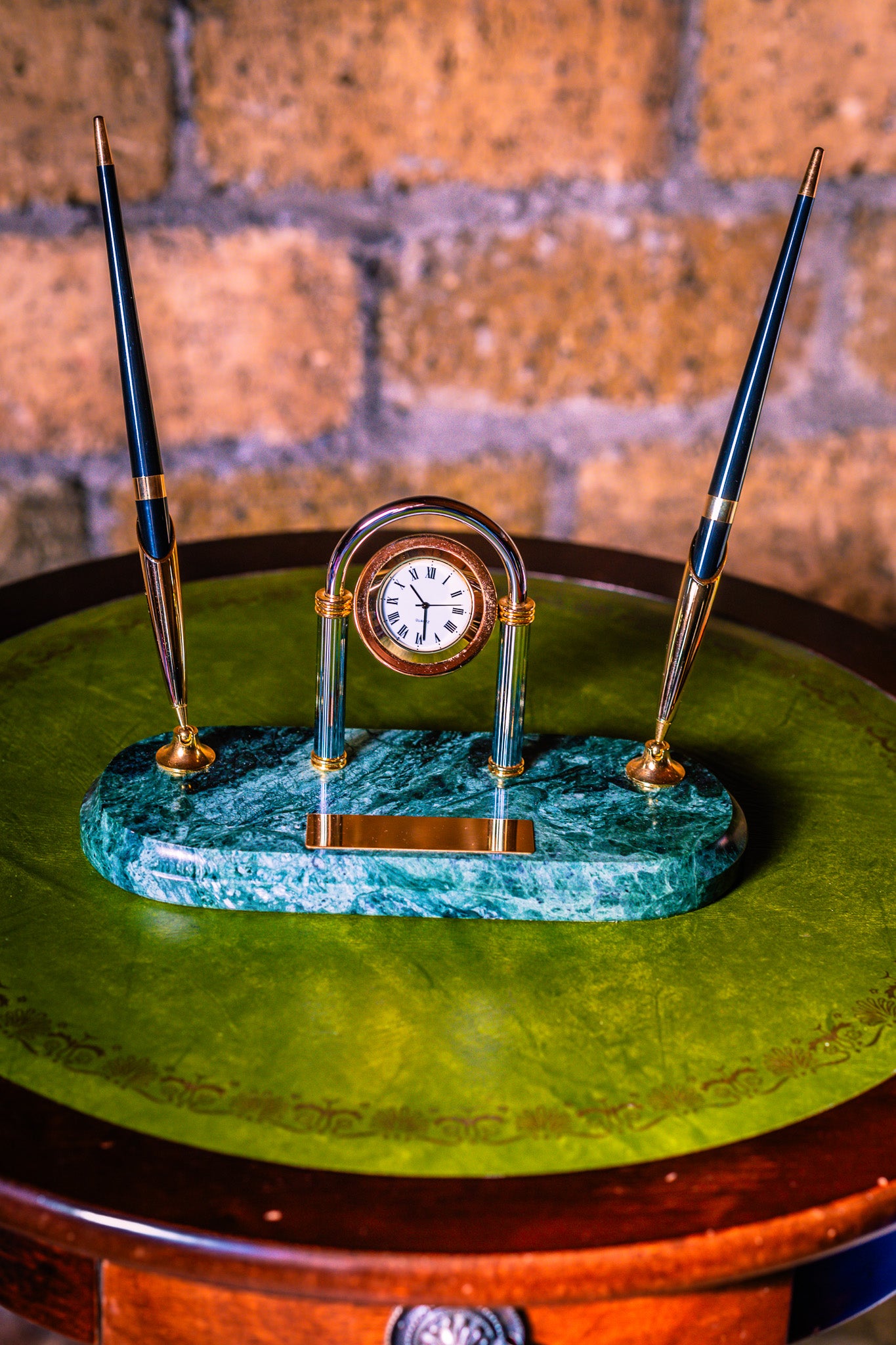 Vintage Clock Desk Set with Two Pens on a Green Marble Base