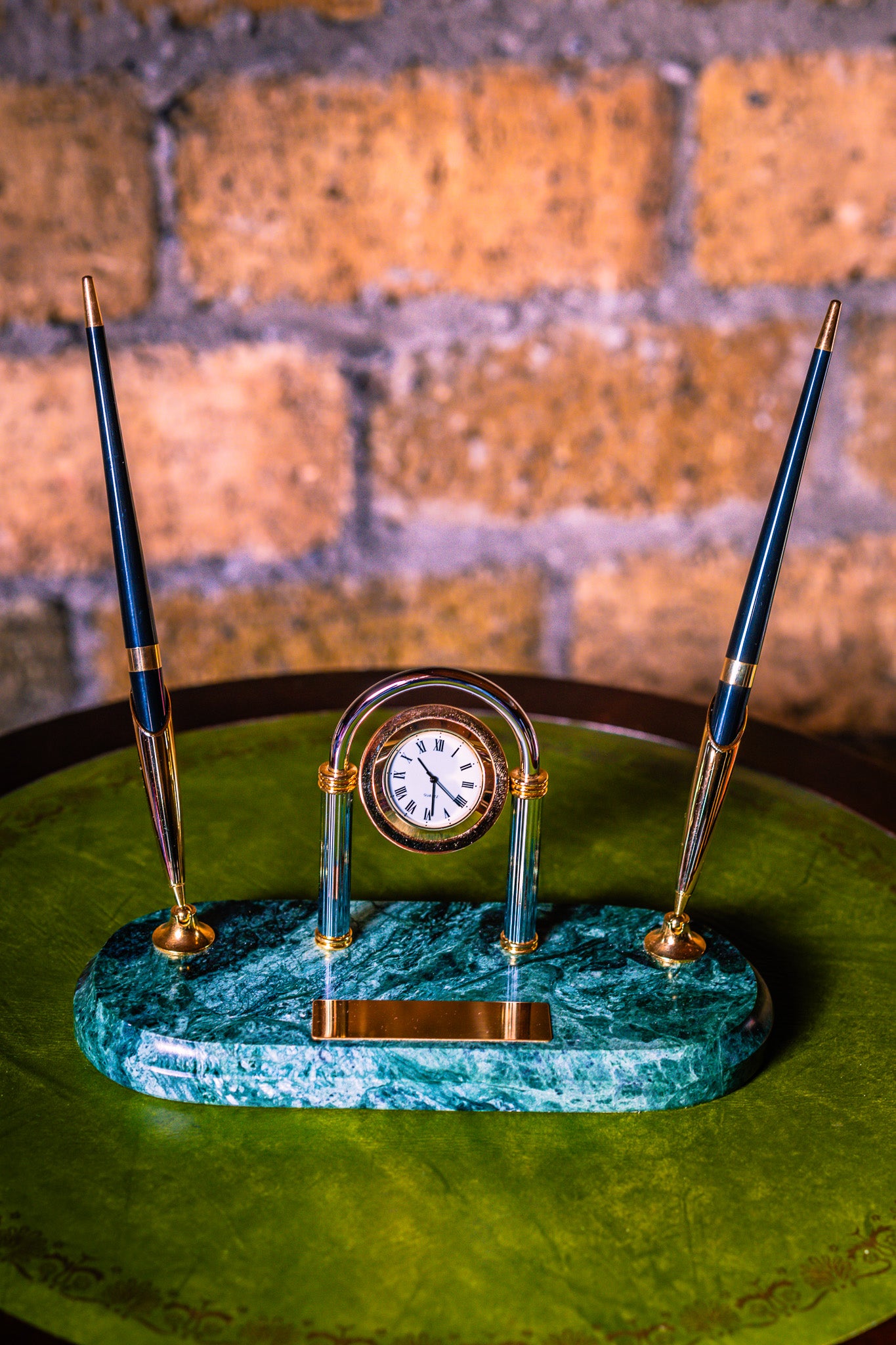 Vintage Clock Desk Set with Two Pens on a Green Marble Base