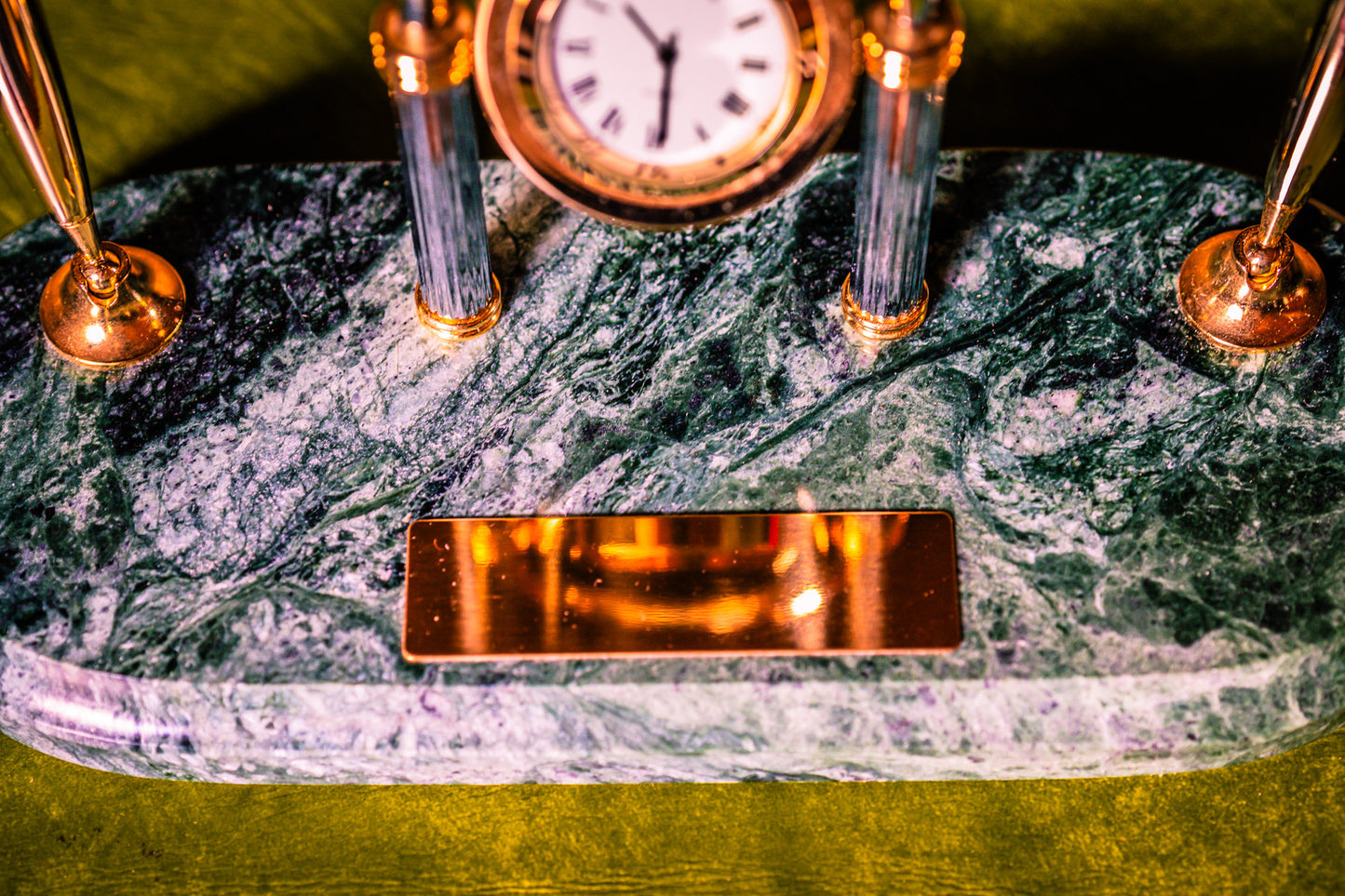 Vintage Clock Desk Set with Two Pens on a Green Marble Base