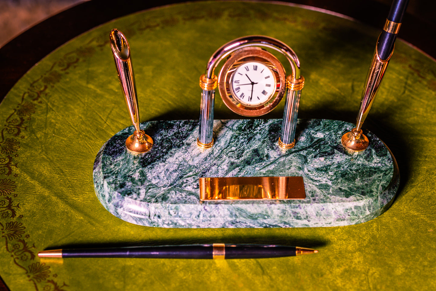 Vintage Clock Desk Set with Two Pens on a Green Marble Base