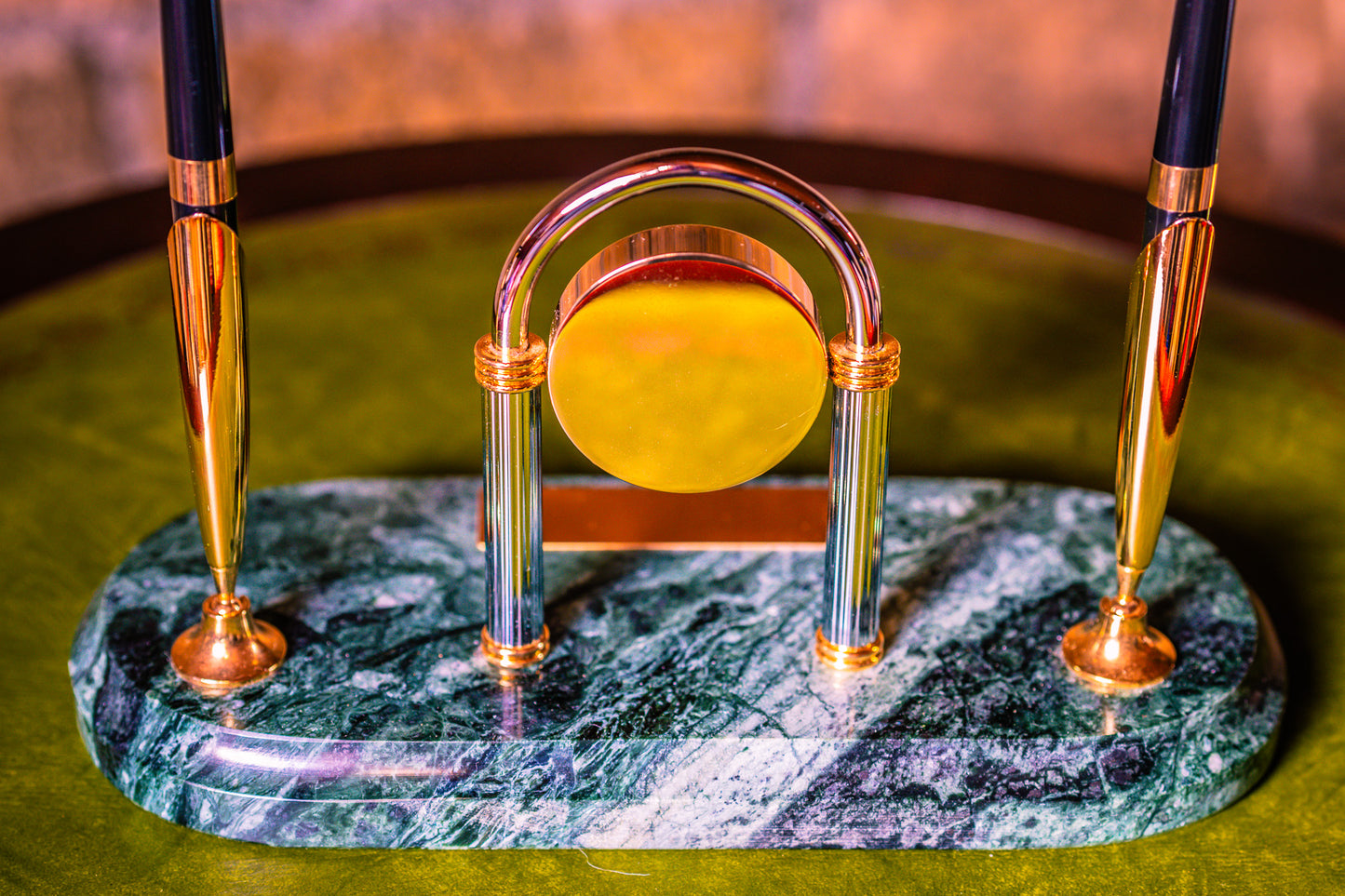 Vintage Clock Desk Set with Two Pens on a Green Marble Base