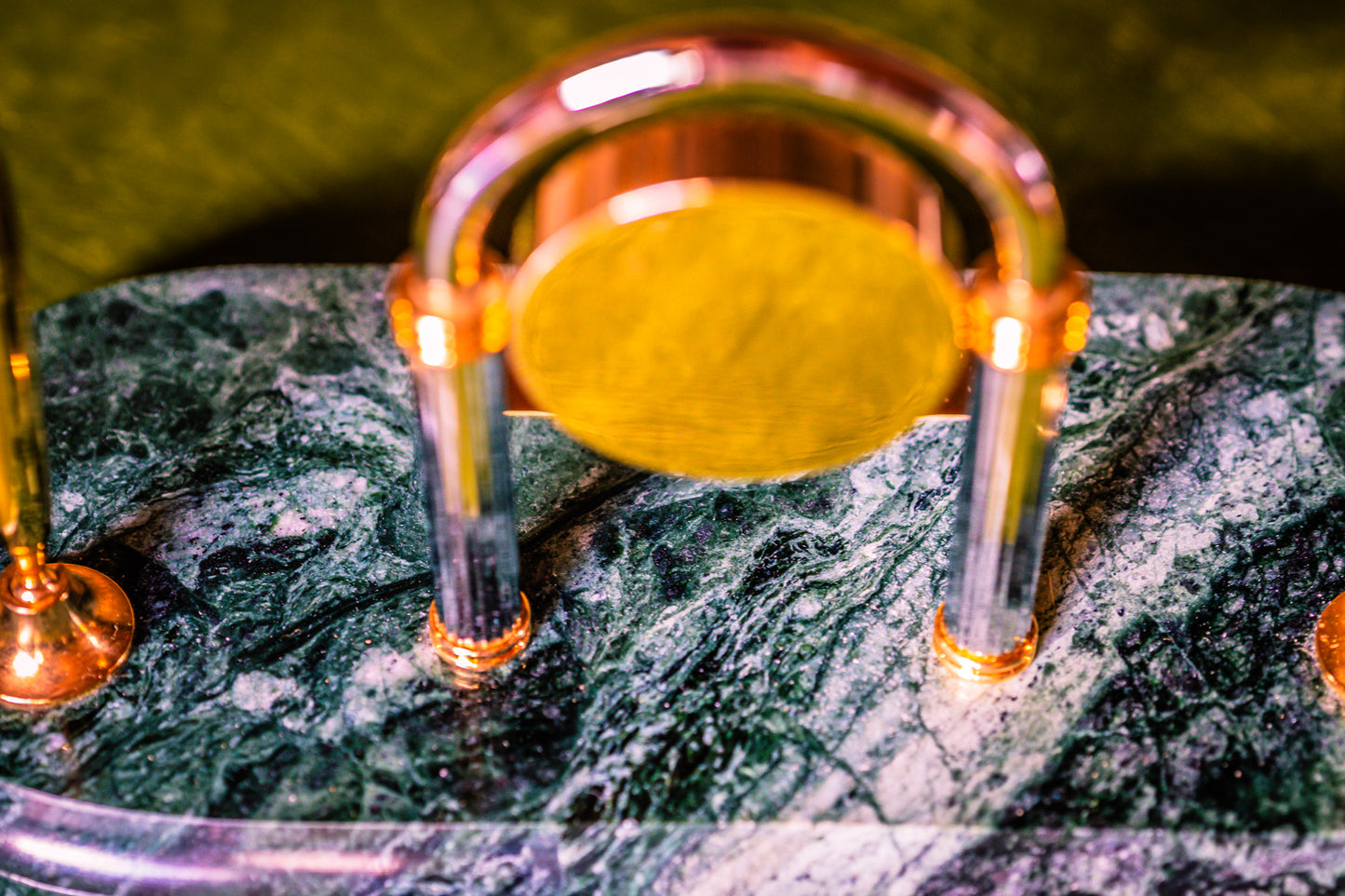 Vintage Clock Desk Set with Two Pens on a Green Marble Base