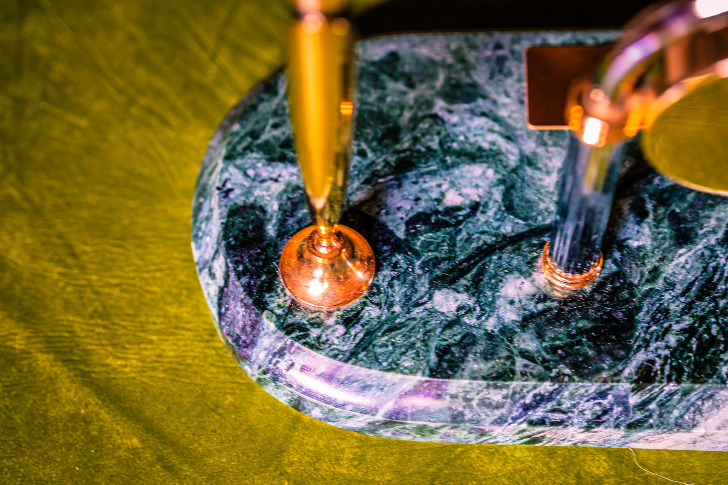 Vintage Clock Desk Set with Two Pens on a Green Marble Base