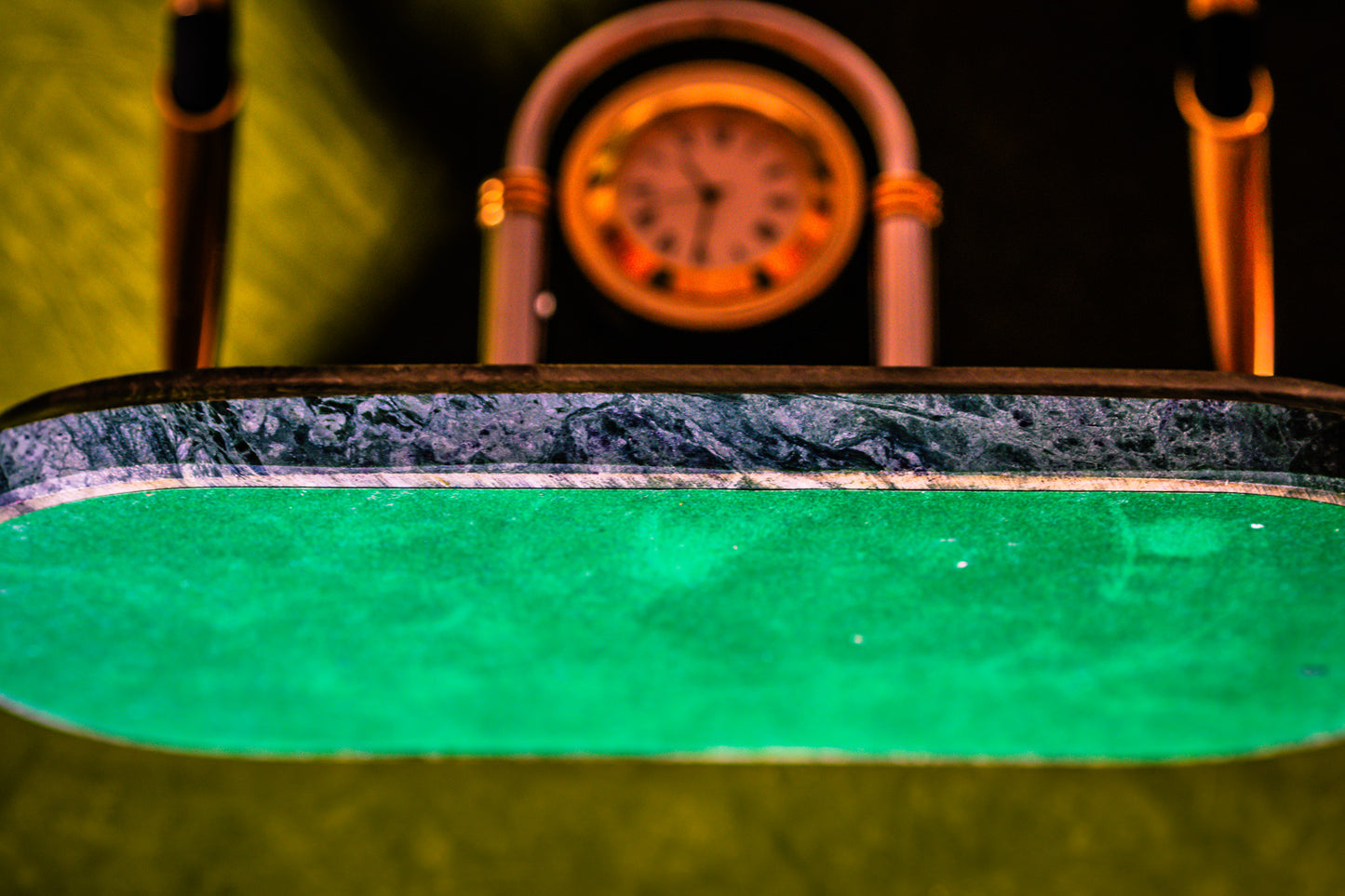 Vintage Clock Desk Set with Two Pens on a Green Marble Base