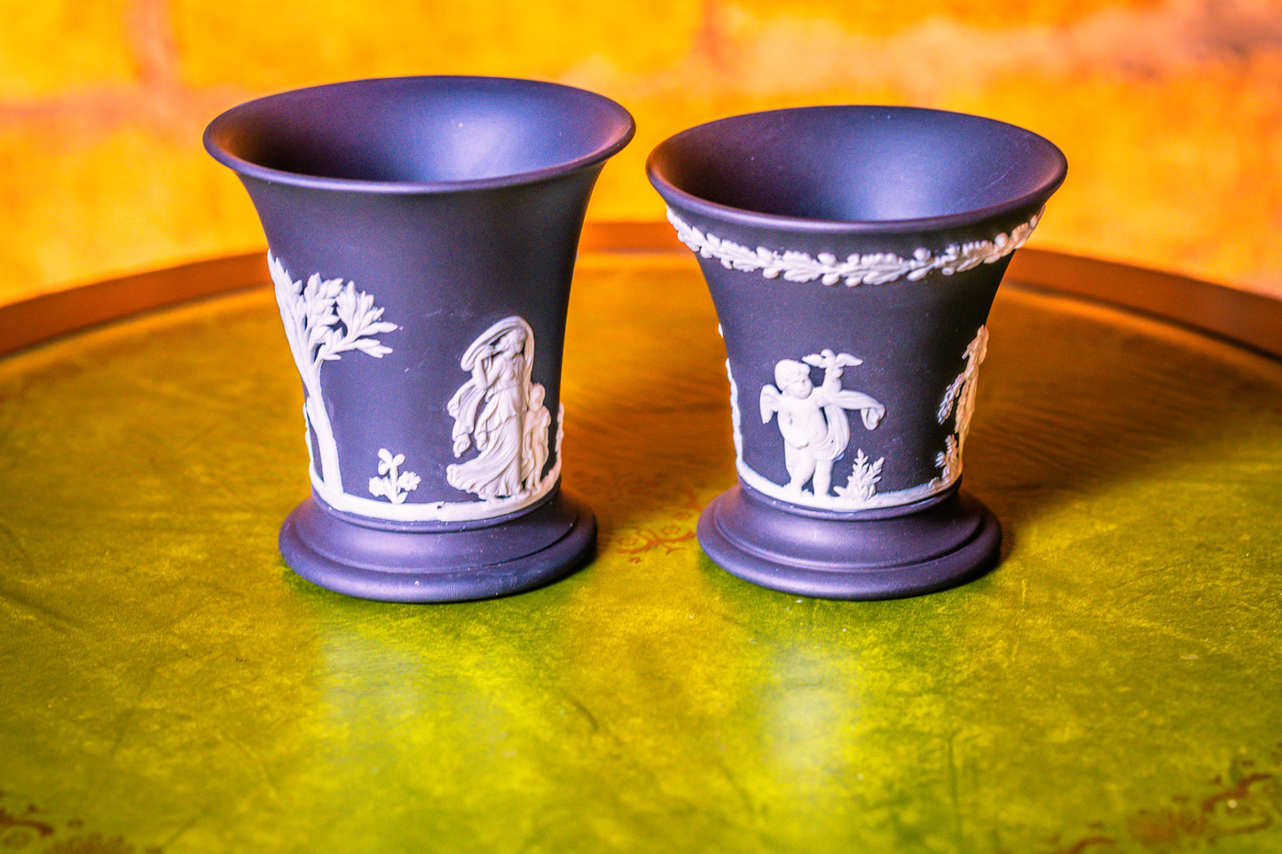 Wedgwood Black Jasperware Two Small Vases