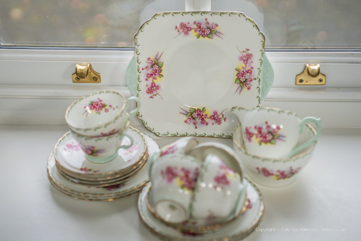 Shelley Rare Blossom Tea Set- Trios, Cake Plate, Milk and Sugar Bowl 21 Pieces