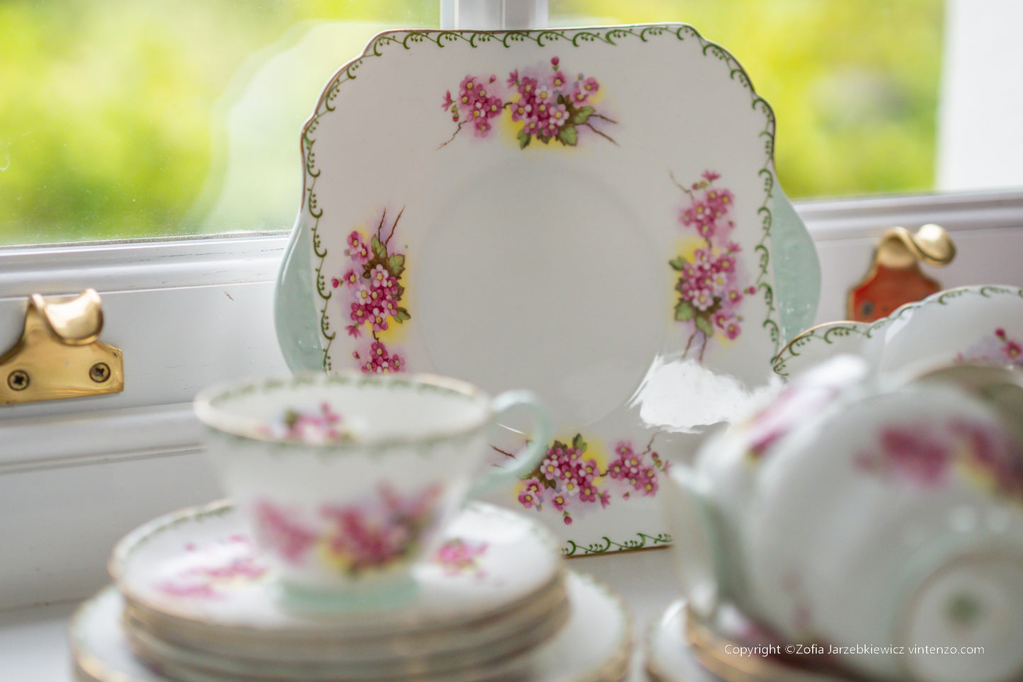 Shelley Rare Blossom Tea Set- Trios, Cake Plate, Milk and Sugar Bowl 21 Pieces