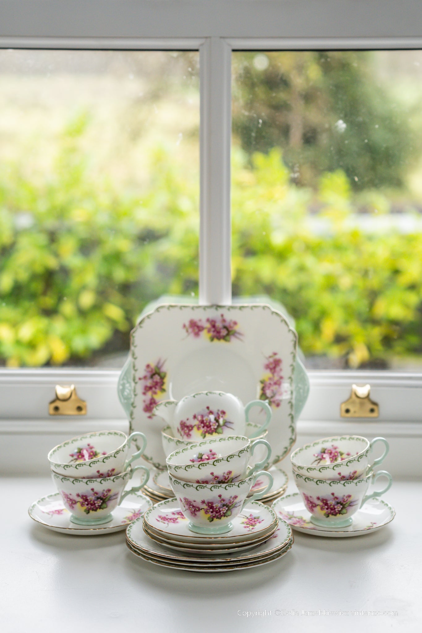 Shelley Rare Blossom Tea Set- Trios, Cake Plate, Milk and Sugar Bowl 21 Pieces