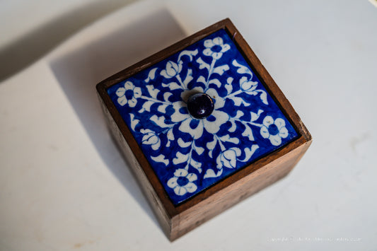 Vintage Wooden Box with Ceramic Blue Pattern Lid
