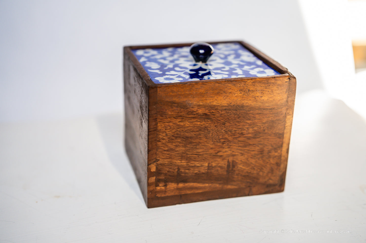 Vintage Wooden Box with Ceramic Blue Pattern Lid