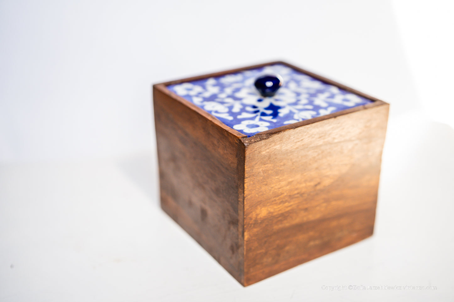 Vintage Wooden Box with Ceramic Blue Pattern Lid