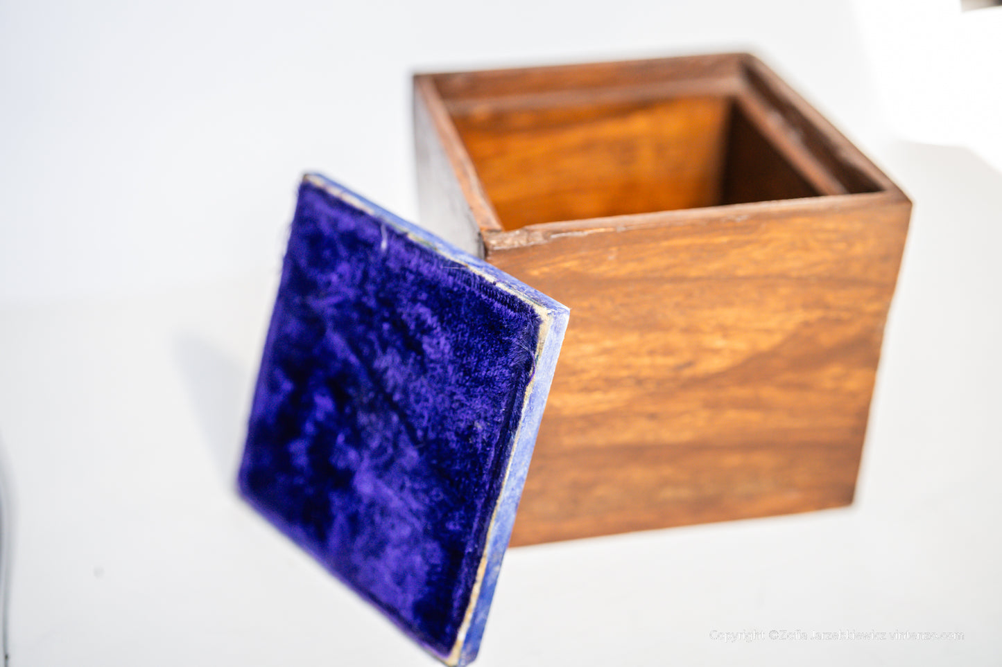 Vintage Wooden Box with Ceramic Blue Pattern Lid