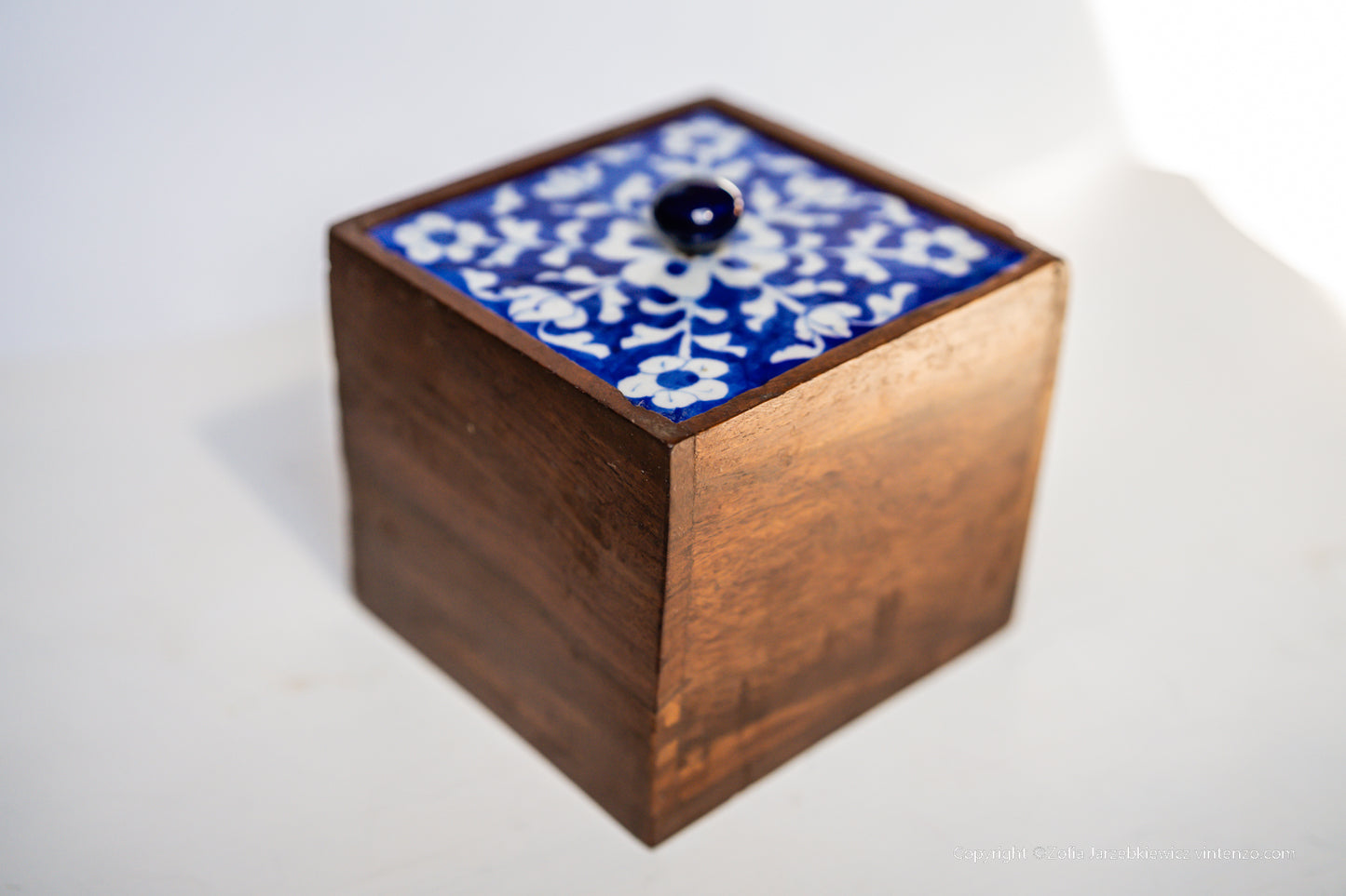 Vintage Wooden Box with Ceramic Blue Pattern Lid