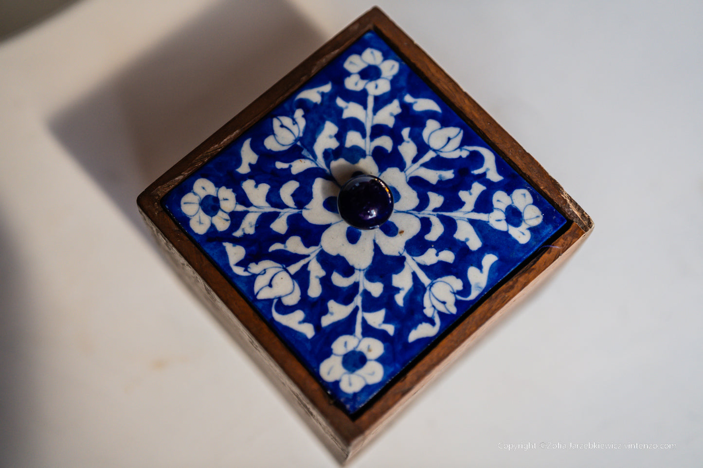 Vintage Wooden Box with Ceramic Blue Pattern Lid