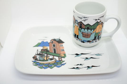 Figgjo Flint Norway Torskefiske Fishermen Cup and Plate Set