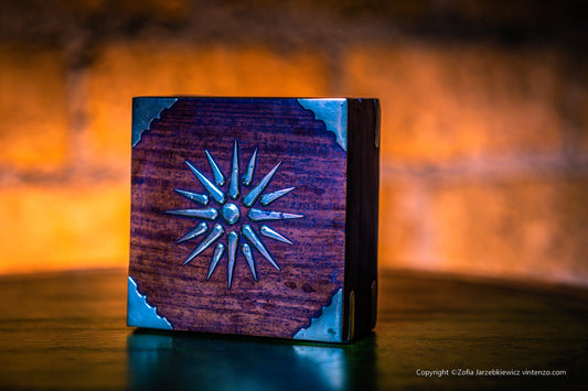 Small Vintage Wooden Box with Rising Sun in Brass