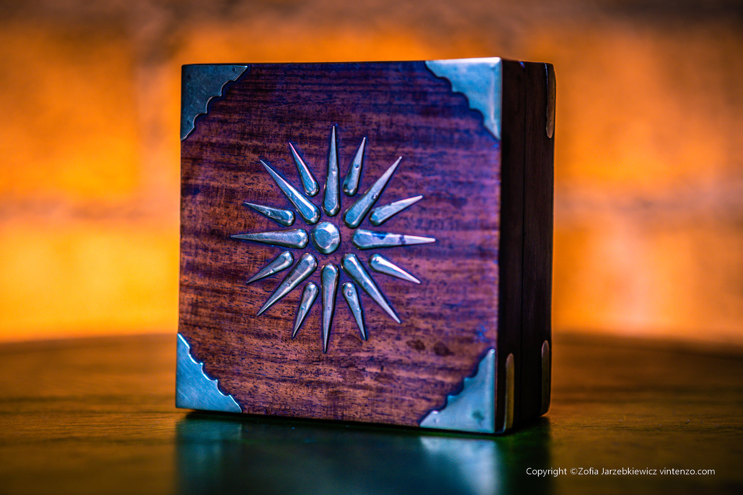 Small Vintage Wooden Box with Rising Sun in Brass