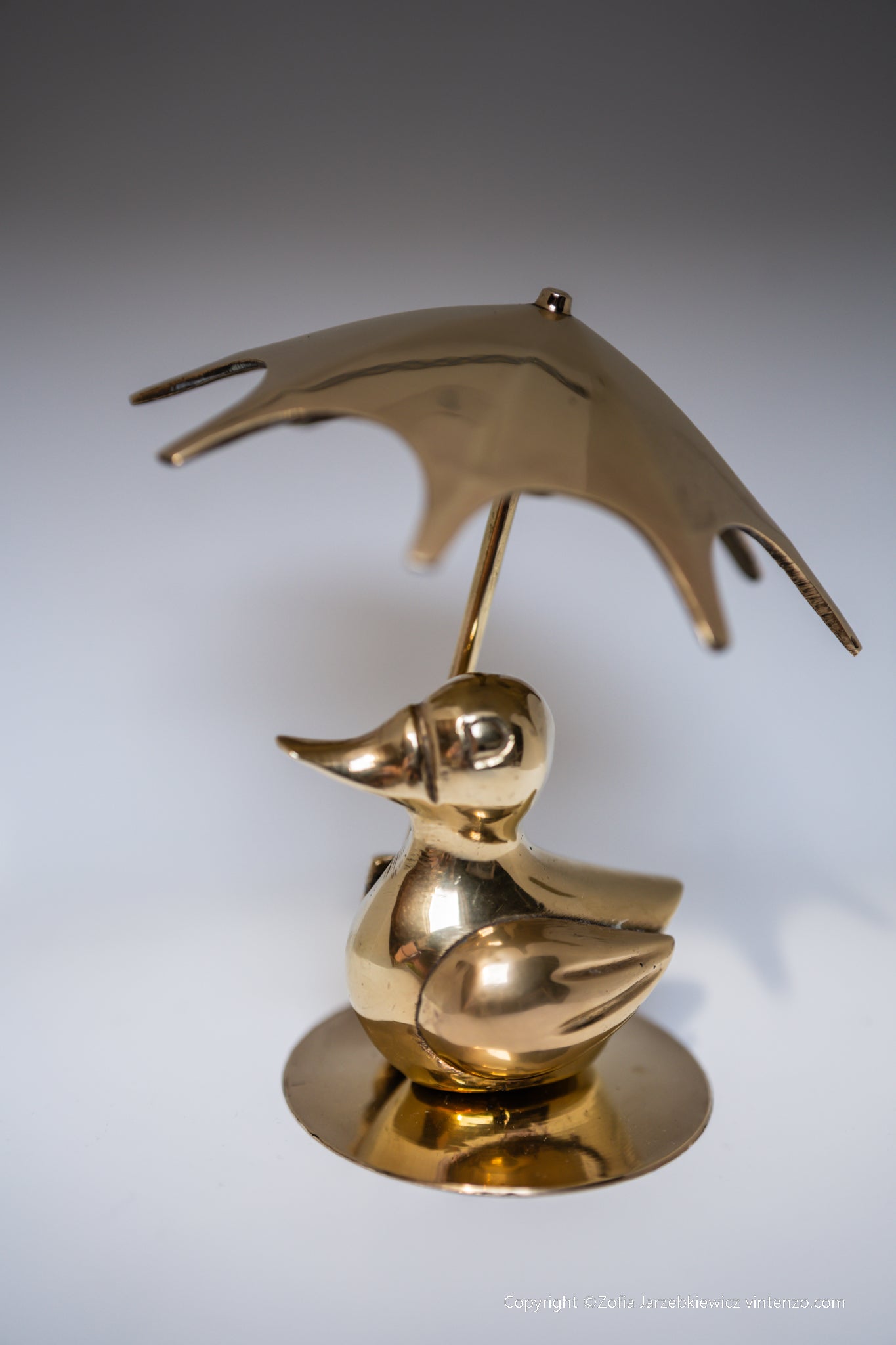Vintage brass duck figurine with umbrella, Collectible Retro Figurine