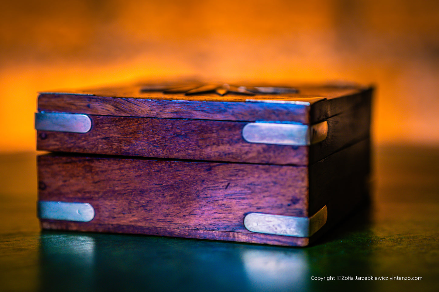 Small Vintage Wooden Box with Rising Sun in Brass