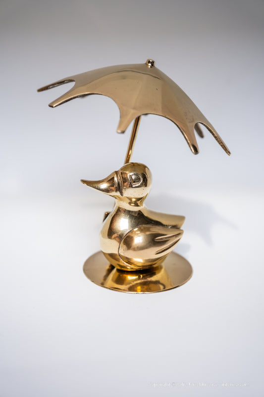 Vintage brass duck figurine with umbrella, Collectible Retro Figurine