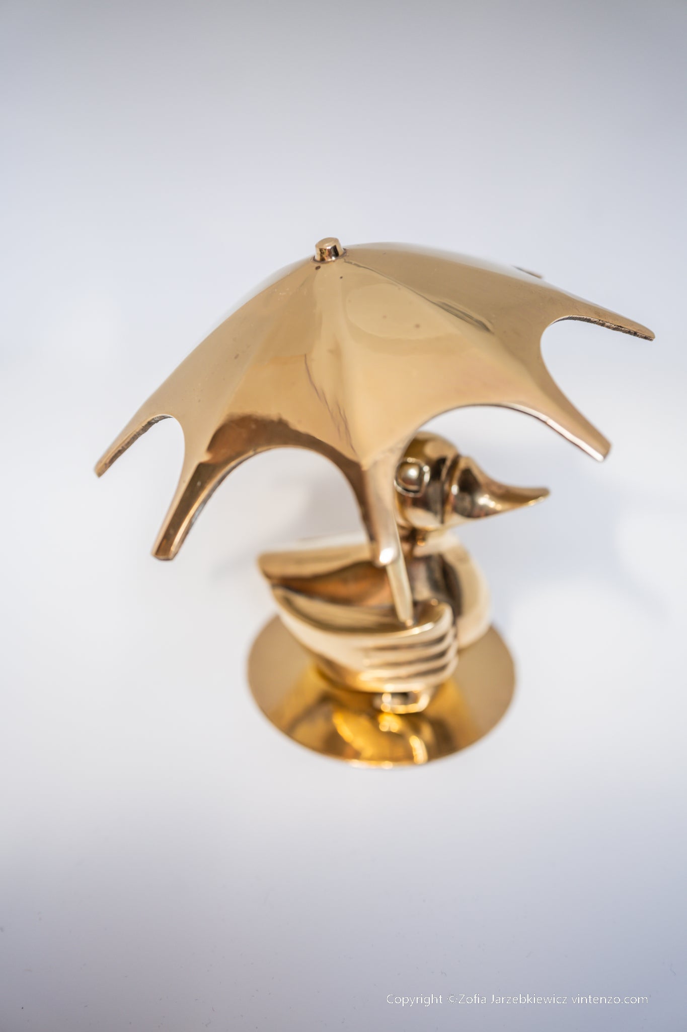 Vintage brass duck figurine with umbrella, Collectible Retro Figurine