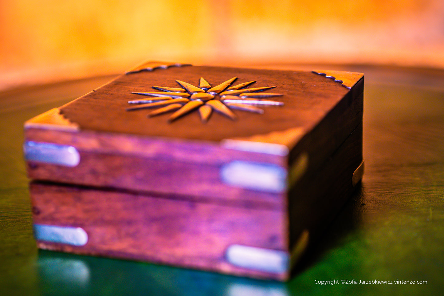 Small Vintage Wooden Box with Rising Sun in Brass