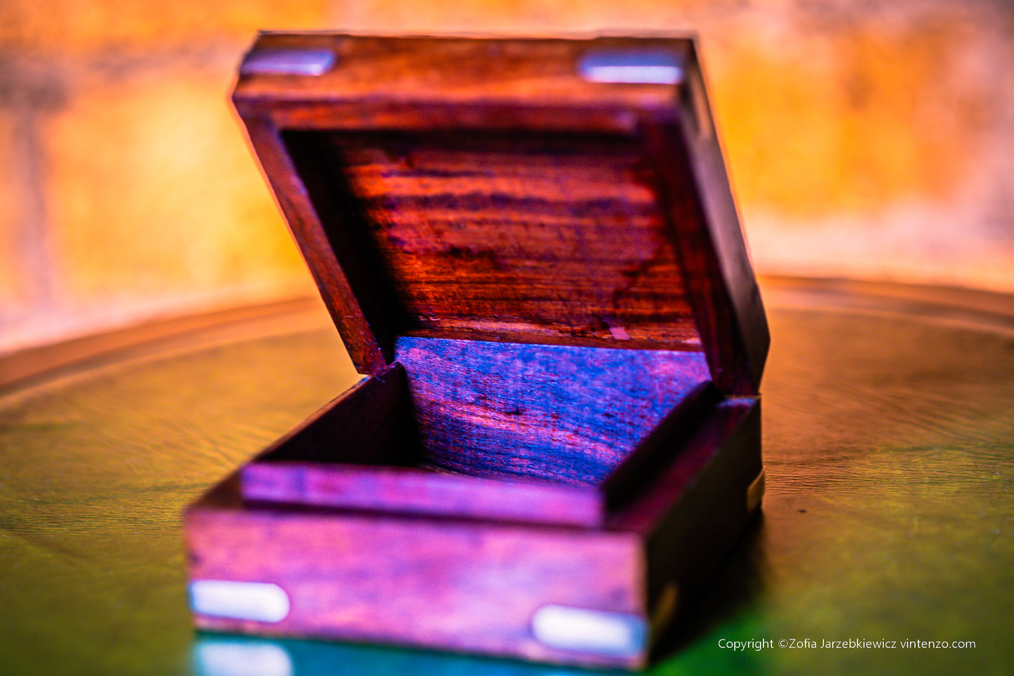 Small Vintage Wooden Box with Rising Sun in Brass