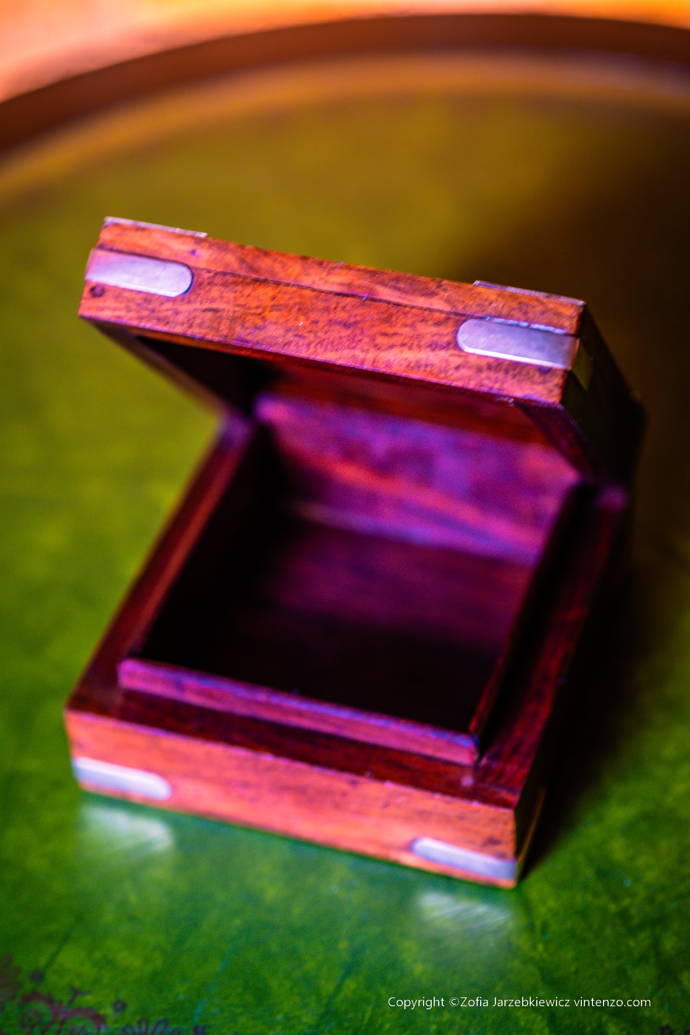 Small Vintage Wooden Box with Rising Sun in Brass