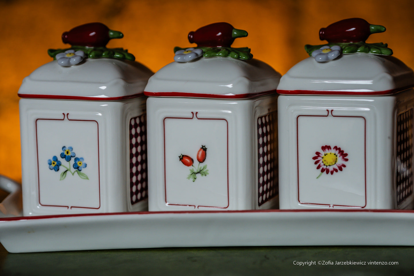 Villeroy & Boch Set of 3 Petite Fleur Jam Jars on a Tray