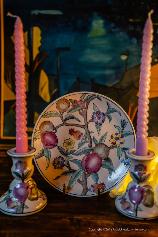 Handmade Chinese Pottery 2 Candleholders and a Plate