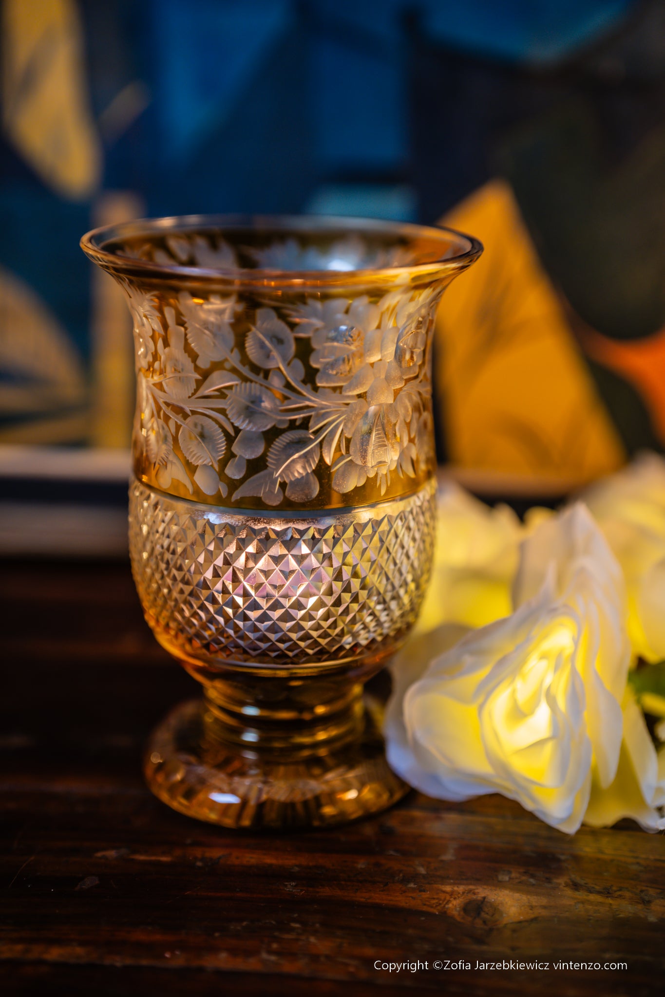 Bohemian Amber Stained Glass Deep Cut Tealight Vase