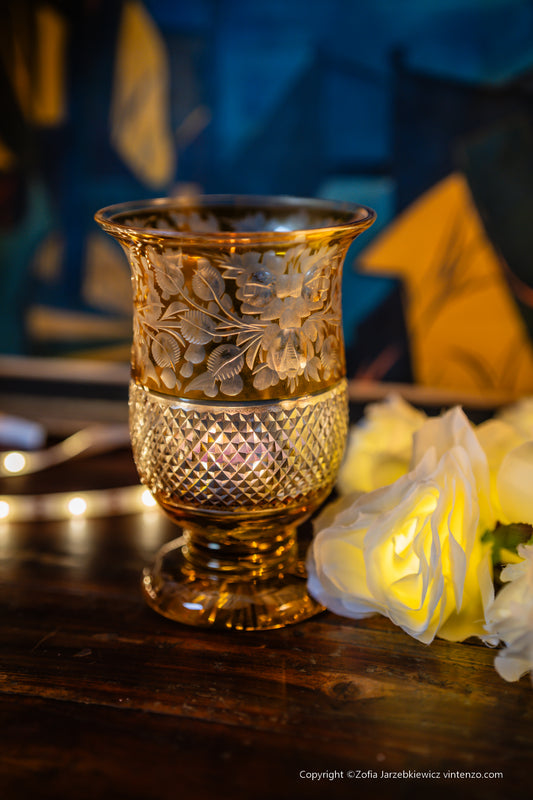 Bohemian Amber Stained Glass Deep Cut Tealight Vase