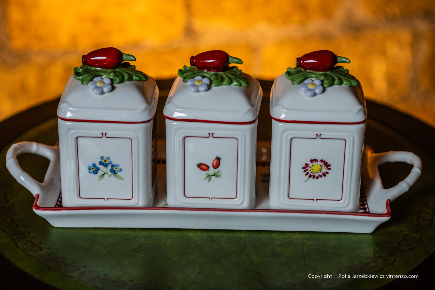 Villeroy & Boch Set of 3 Petite Fleur Jam Jars on a Tray